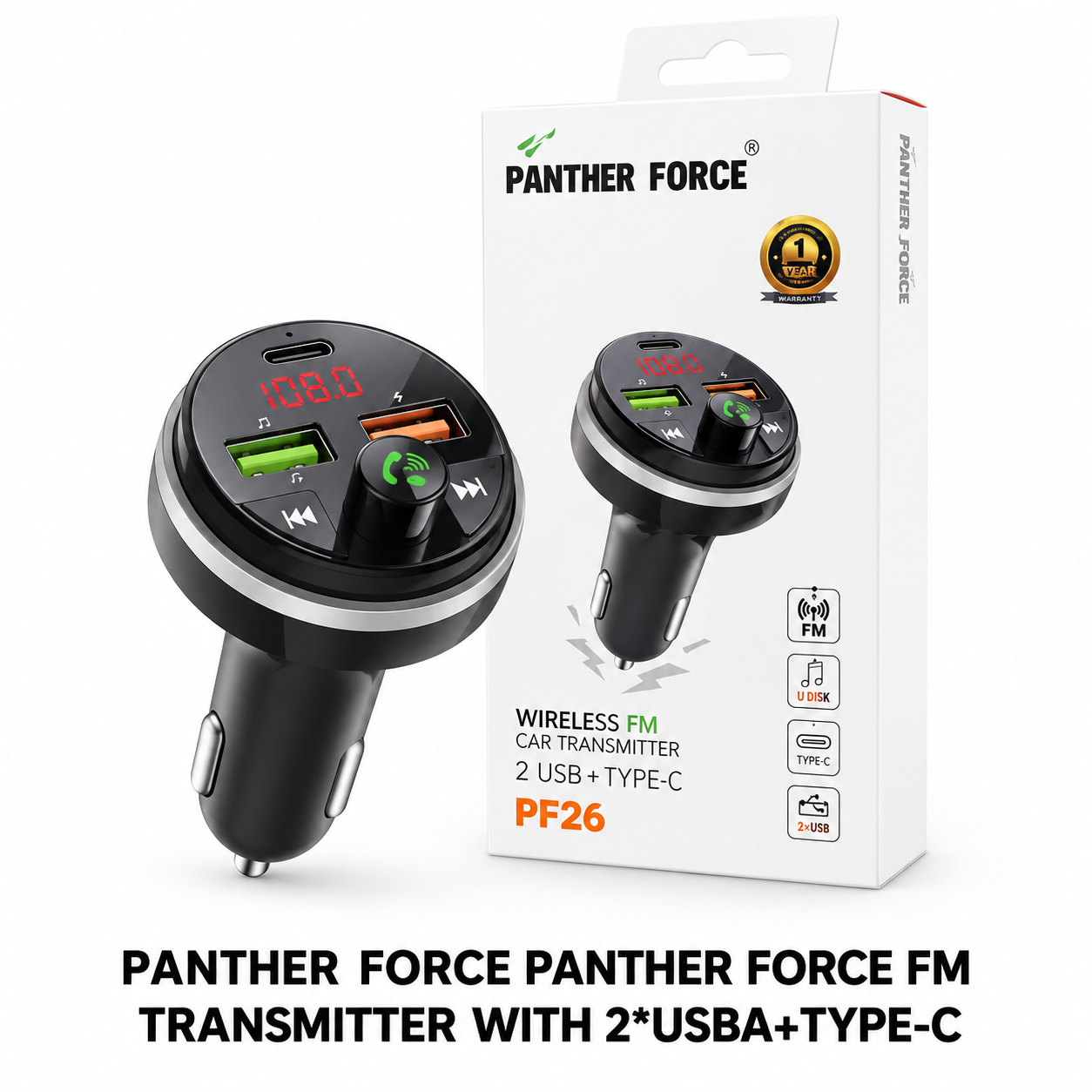 PANTHER FORCE Wireless FM Transmitter for Car, Bluetooth 5.0 Audio Adapter with Type-C & Dual USB Ports, LED Display 1 PANTHER FORCE Wireless FM Transmitter for Car, Bluetooth 5.0 Audio Adapter with Type-C & Dual USB Ports, LED Display