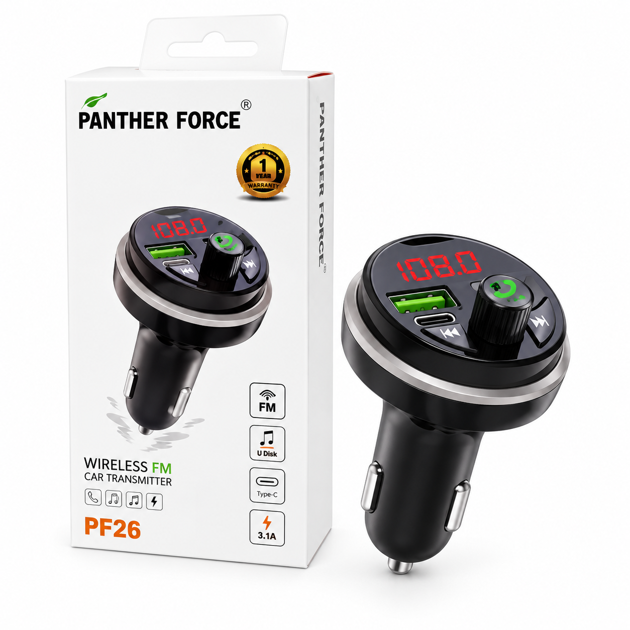 PANTHER FORCE Wireless FM Transmitter for Car, Bluetooth 5.0 Audio Adapter with Type-C & Dual USB Ports, LED Display 4 PANTHER FORCE Wireless FM Transmitter for Car, Bluetooth 5.0 Audio Adapter with Type-C & Dual USB Ports, LED Display - Image 4