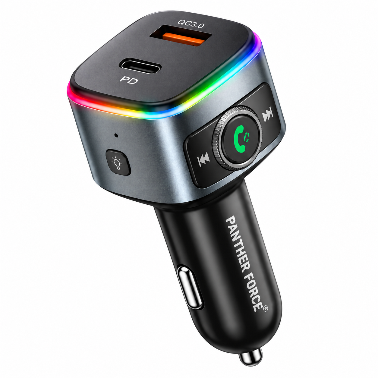 PANTHER FORCE 18W Wireless FM Car Kit, Bluetooth Audio Adapter with QC3.0 & Type-C Fast Charger, Multi-Light 2 PANTHER FORCE 18W Wireless FM Car Kit, Bluetooth Audio Adapter with QC3.0 & Type-C Fast Charger, Multi-Light - Image 2