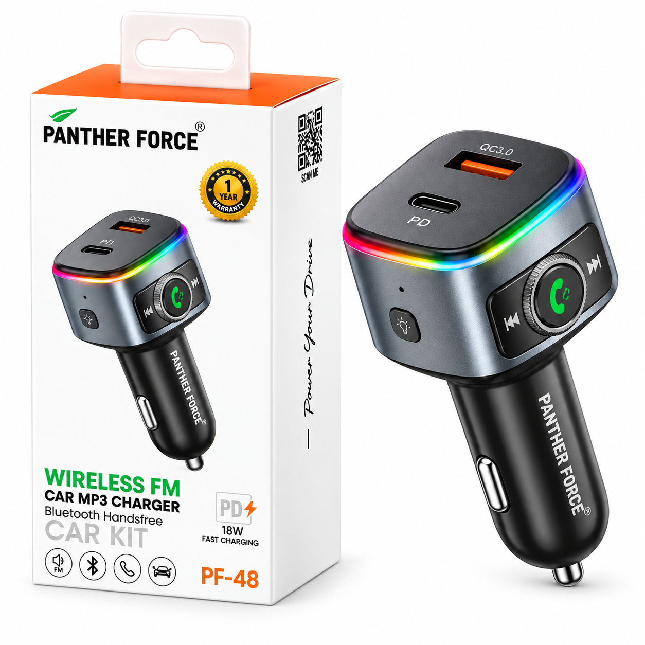 PANTHER FORCE 18W Wireless FM Car Kit, Bluetooth Audio Adapter with QC3.0 & Type-C Fast Charger, Multi-Light 3 PANTHER FORCE 18W Wireless FM Car Kit, Bluetooth Audio Adapter with QC3.0 & Type-C Fast Charger, Multi-Light - Image 3