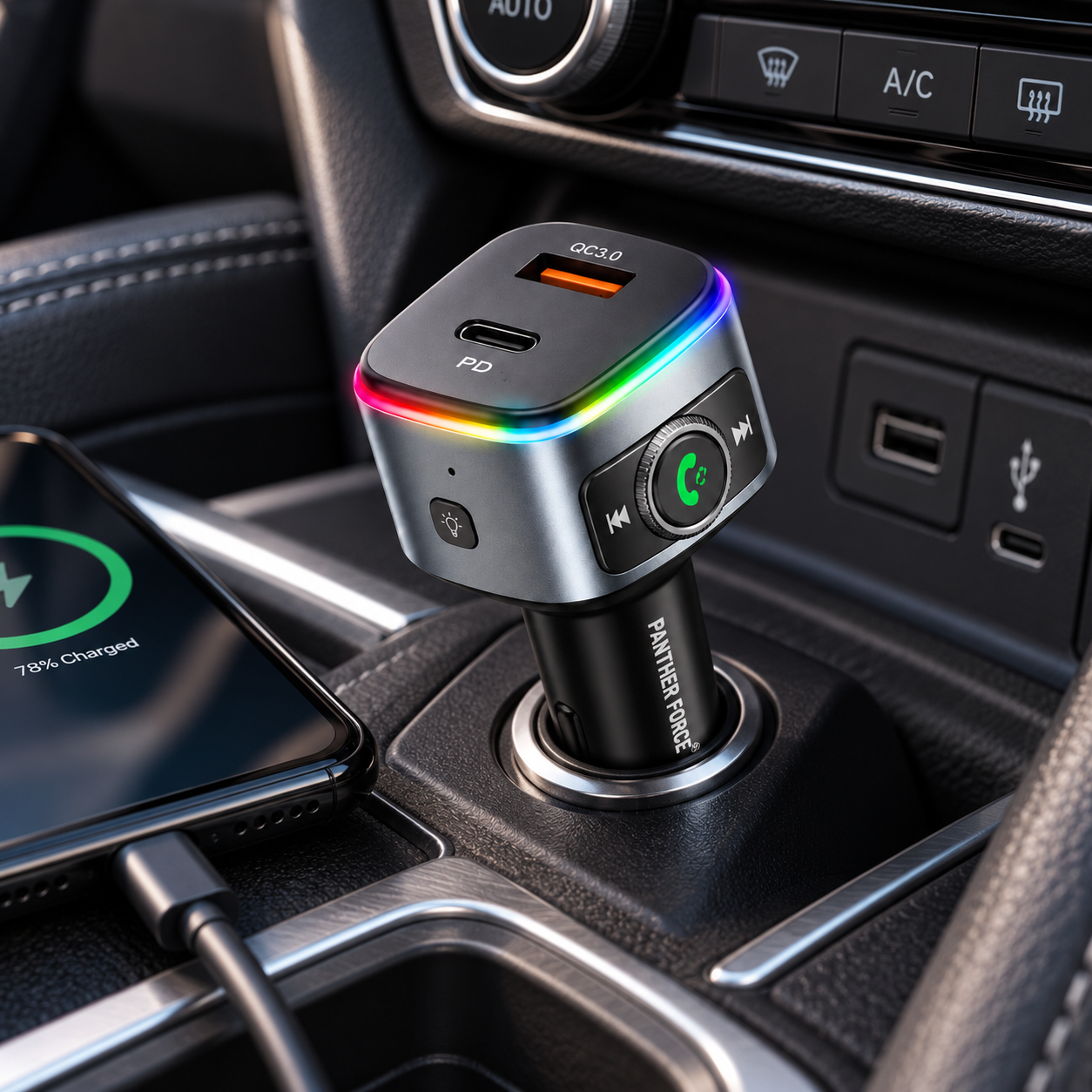 PANTHER FORCE 18W Wireless FM Car Kit, Bluetooth Audio Adapter with QC3.0 & Type-C Fast Charger, Multi-Light 4 PANTHER FORCE 18W Wireless FM Car Kit, Bluetooth Audio Adapter with QC3.0 & Type-C Fast Charger, Multi-Light - Image 4