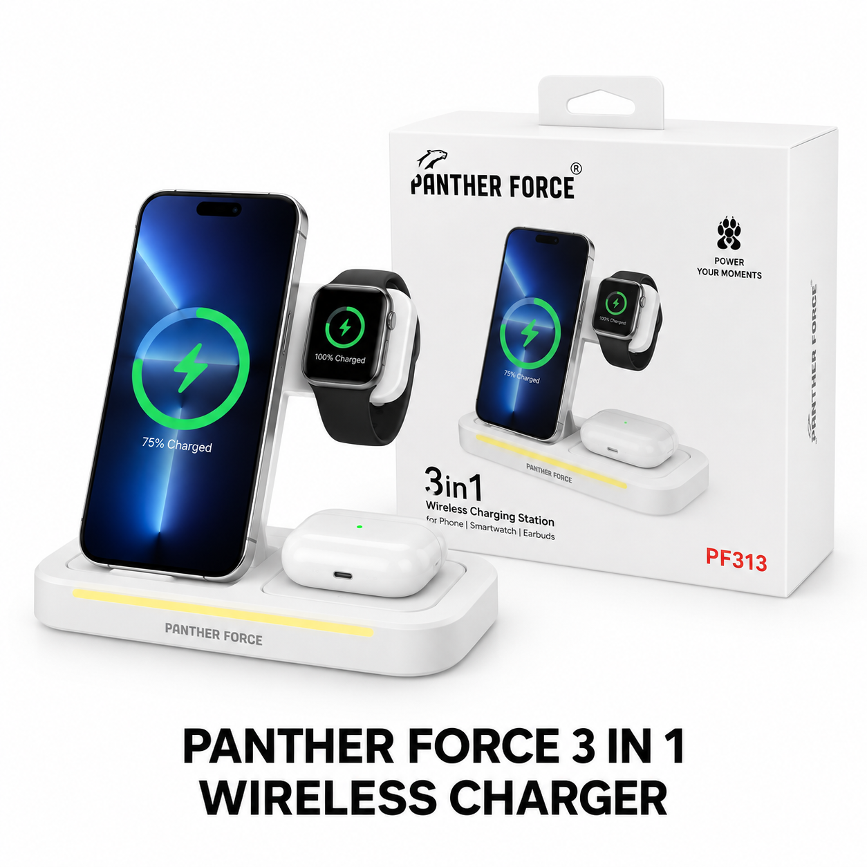 PANTHER FORCE 3-in-1 Wireless Charging Station – Phone, Smartwatch, Earbuds PN 1 PANTHER FORCE 3-in-1 Wireless Charging Station – Phone, Smartwatch, Earbuds PN