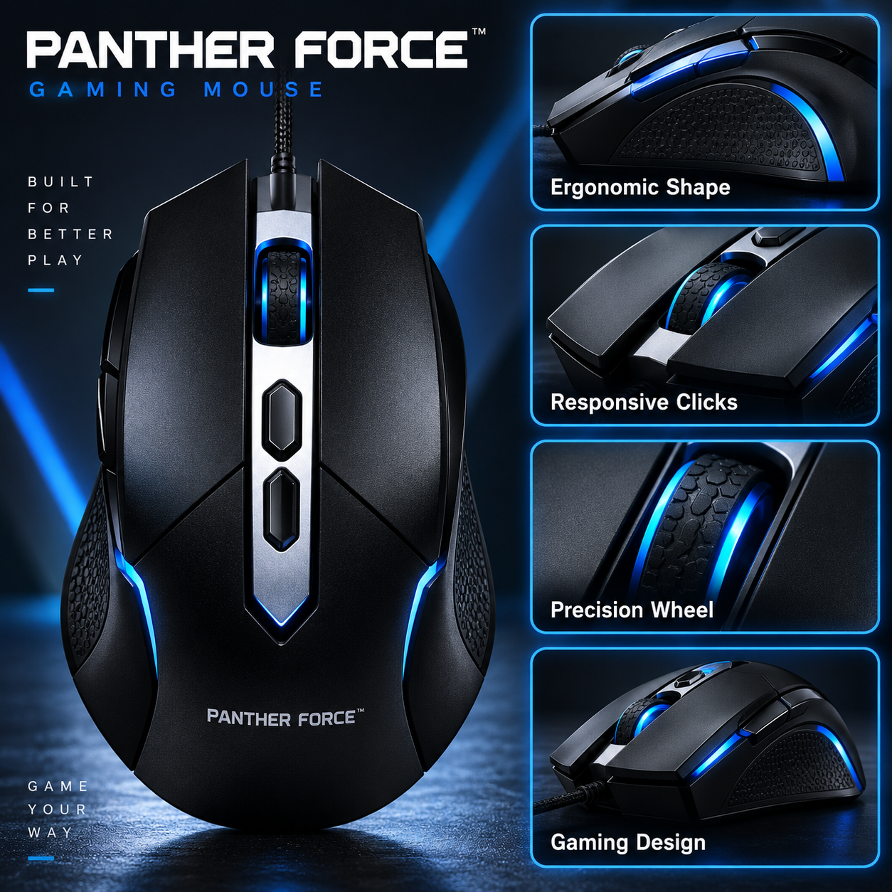 PANTHER FORCE Wired Gaming Mouse - Blue LED, Ergonomic Grip, Braided Cable 1 PANTHER FORCE Wired Gaming Mouse - Blue LED, Ergonomic Grip, Braided Cable