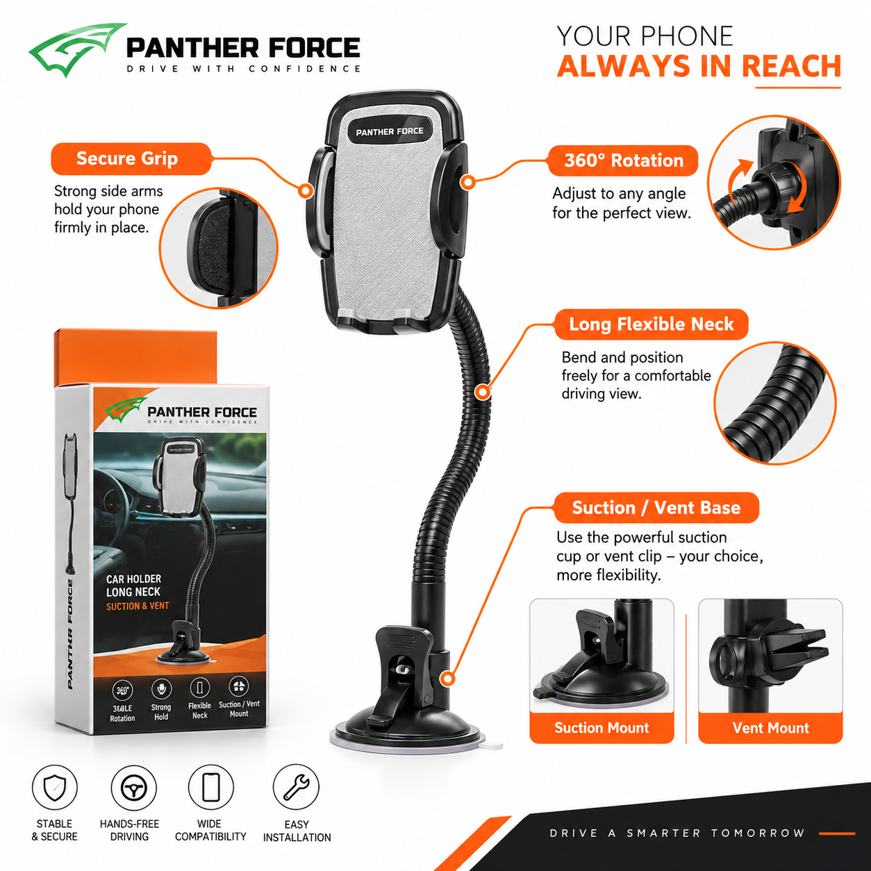 Panther Force Car Phone Holder 360° Long Neck Suction & Vent Mount Stand 3 Panther Force Car Phone Holder 360° Long Neck Suction & Vent Mount Stand - Image 3