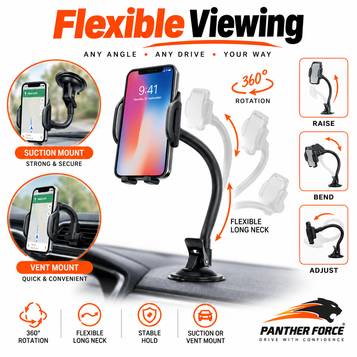 Panther Force Car Phone Holder 360° Long Neck Suction & Vent Mount Stand 5 Panther Force Car Phone Holder 360° Long Neck Suction & Vent Mount Stand - Image 5