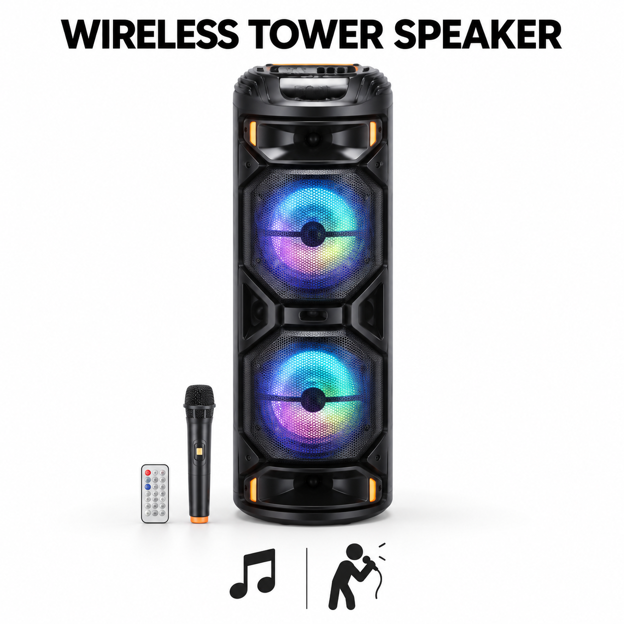 Wireless Tower Speaker Party System with Microphone, Remote Control & RGB Lights 1 Wireless Tower Speaker Party System with Microphone, Remote Control & RGB Lights