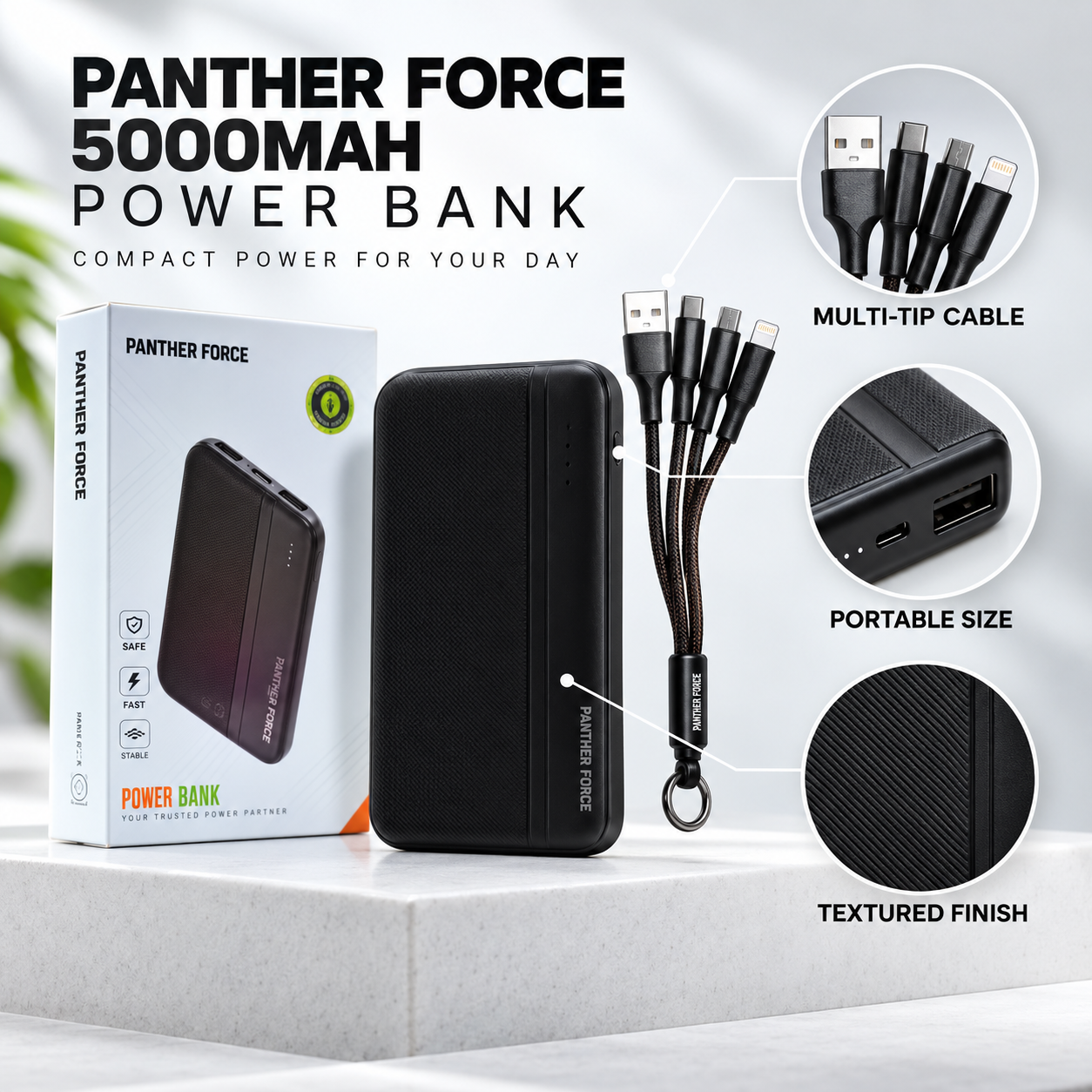 Panther Force 5000mAh Portable Power Bank USB Charger Multi Tip Cable LED Black 5 Panther Force 5000mAh Portable Power Bank USB Charger Multi Tip Cable LED Black - Image 5