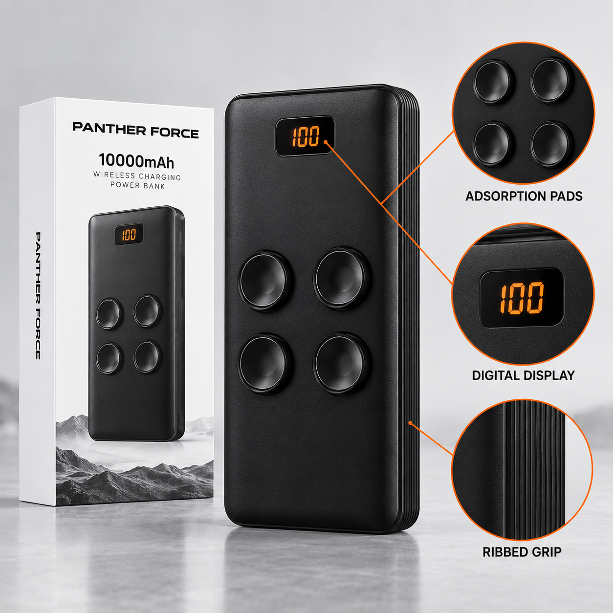 Panther Force 10000mAh Wireless Power Bank Suction Pads Digital Display Black 4 Panther Force 10000mAh Wireless Power Bank Suction Pads Digital Display Black - Image 4