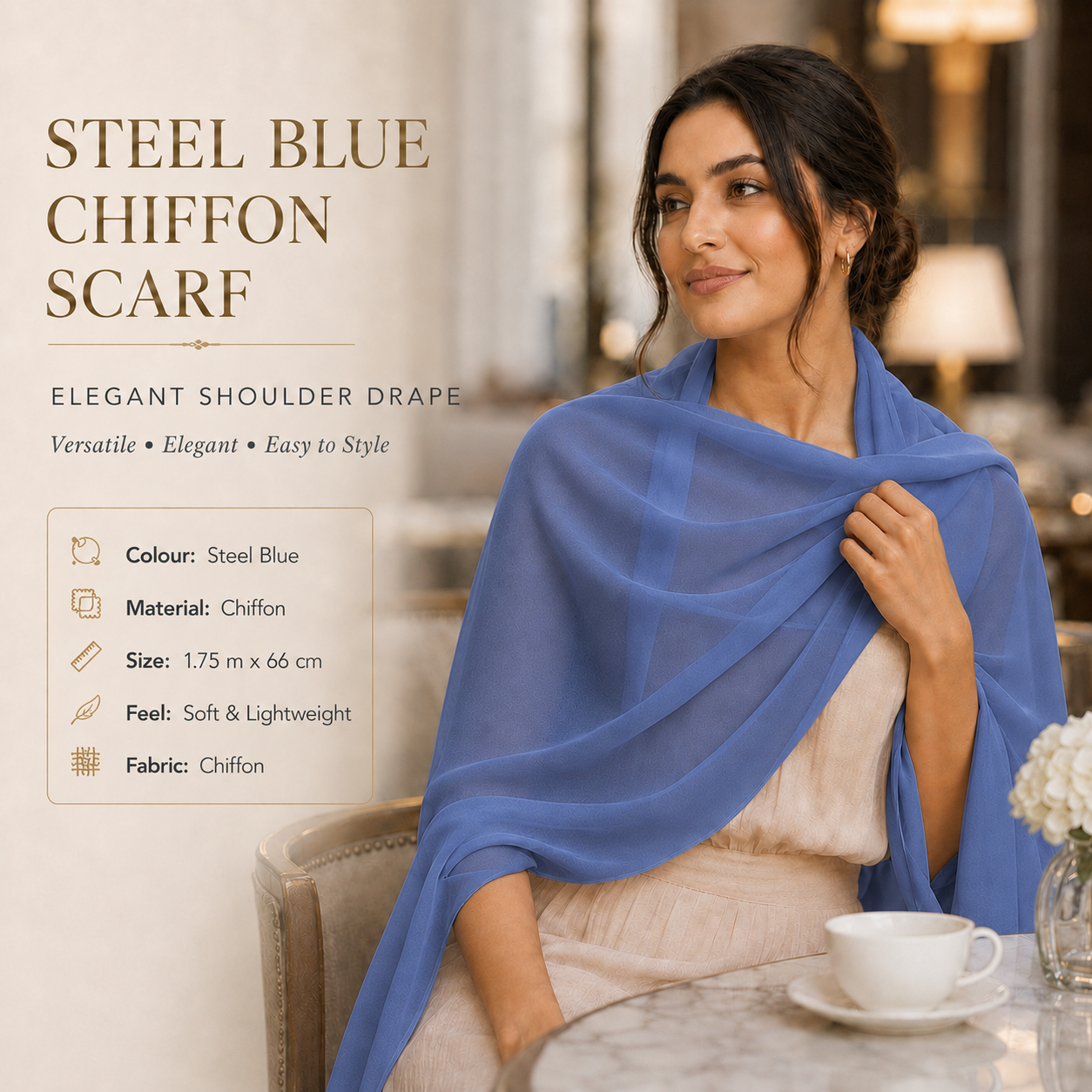 Steel Blue Chiffon Scarf Women Lightweight Soft Hijab Shawl Wrap 6 Steel Blue Chiffon Scarf Women Lightweight Soft Hijab Shawl Wrap - Image 6