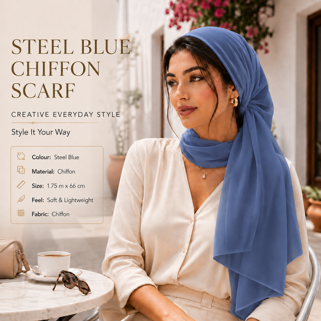 Steel Blue Chiffon Scarf Women Lightweight Soft Hijab Shawl Wrap 7 Steel Blue Chiffon Scarf Women Lightweight Soft Hijab Shawl Wrap - Image 7