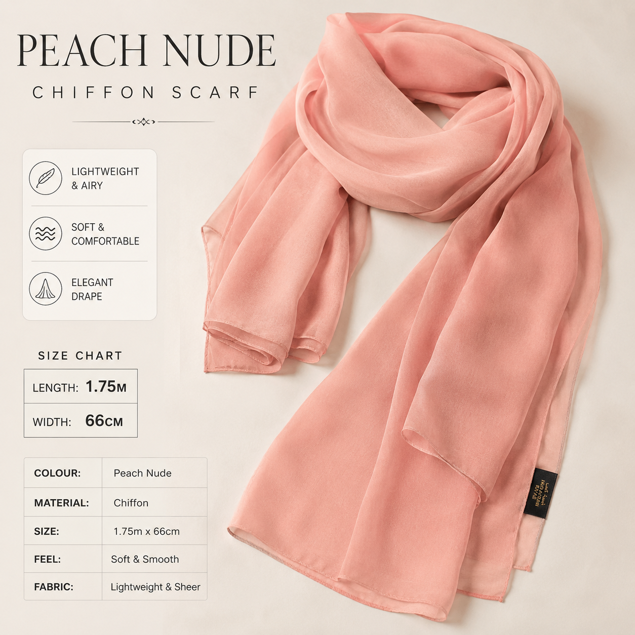 Peach Nude Chiffon Scarf Women Lightweight Soft Hijab Shawl Wrap Elegant UK 4 Peach Nude Chiffon Scarf Women Lightweight Soft Hijab Shawl Wrap Elegant UK - Image 4