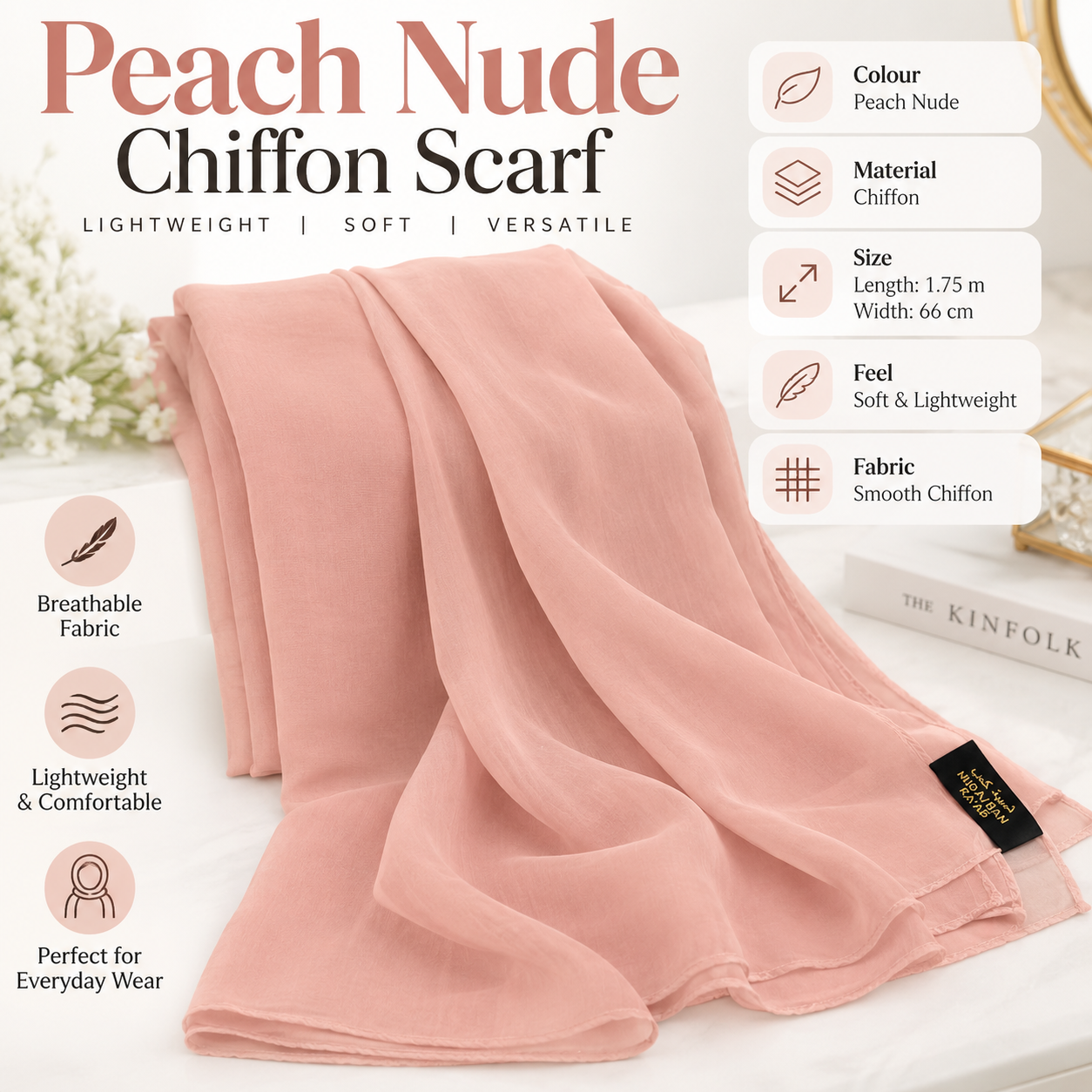 Peach Nude Chiffon Scarf Women Lightweight Soft Hijab Shawl Wrap Elegant UK 5 Peach Nude Chiffon Scarf Women Lightweight Soft Hijab Shawl Wrap Elegant UK - Image 5
