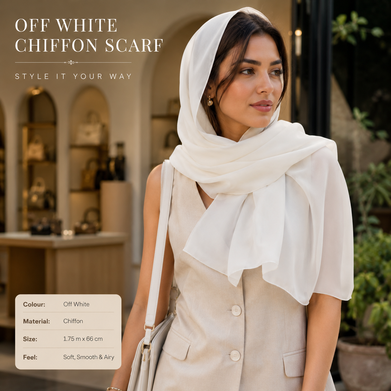 Off White Chiffon Scarf Women Lightweight Soft Hijab Shawl Wrap 7 Off White Chiffon Scarf Women Lightweight Soft Hijab Shawl Wrap - Image 7