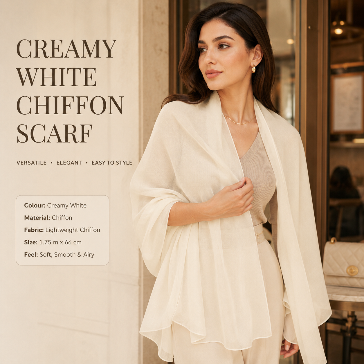 Creamy White Chiffon Scarf Women Soft Lightweight Hijab Shawl Wrap 6 Creamy White Chiffon Scarf Women Soft Lightweight Hijab Shawl Wrap - Image 6