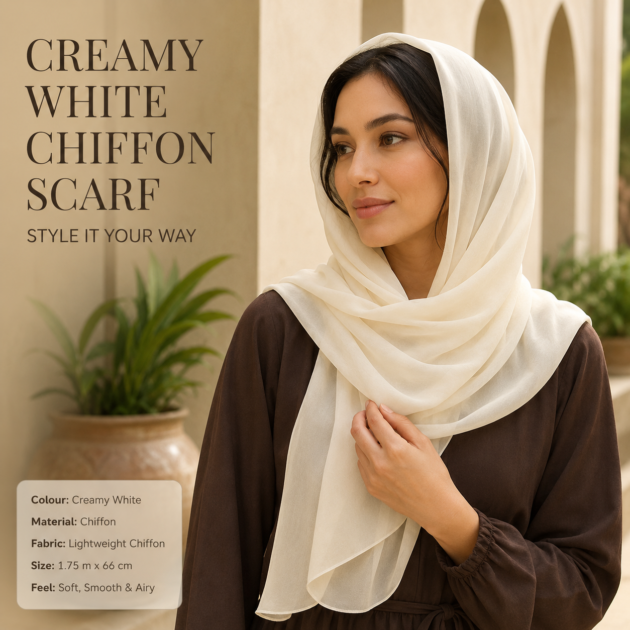 Creamy White Chiffon Scarf Women Soft Lightweight Hijab Shawl Wrap 7 Creamy White Chiffon Scarf Women Soft Lightweight Hijab Shawl Wrap - Image 7