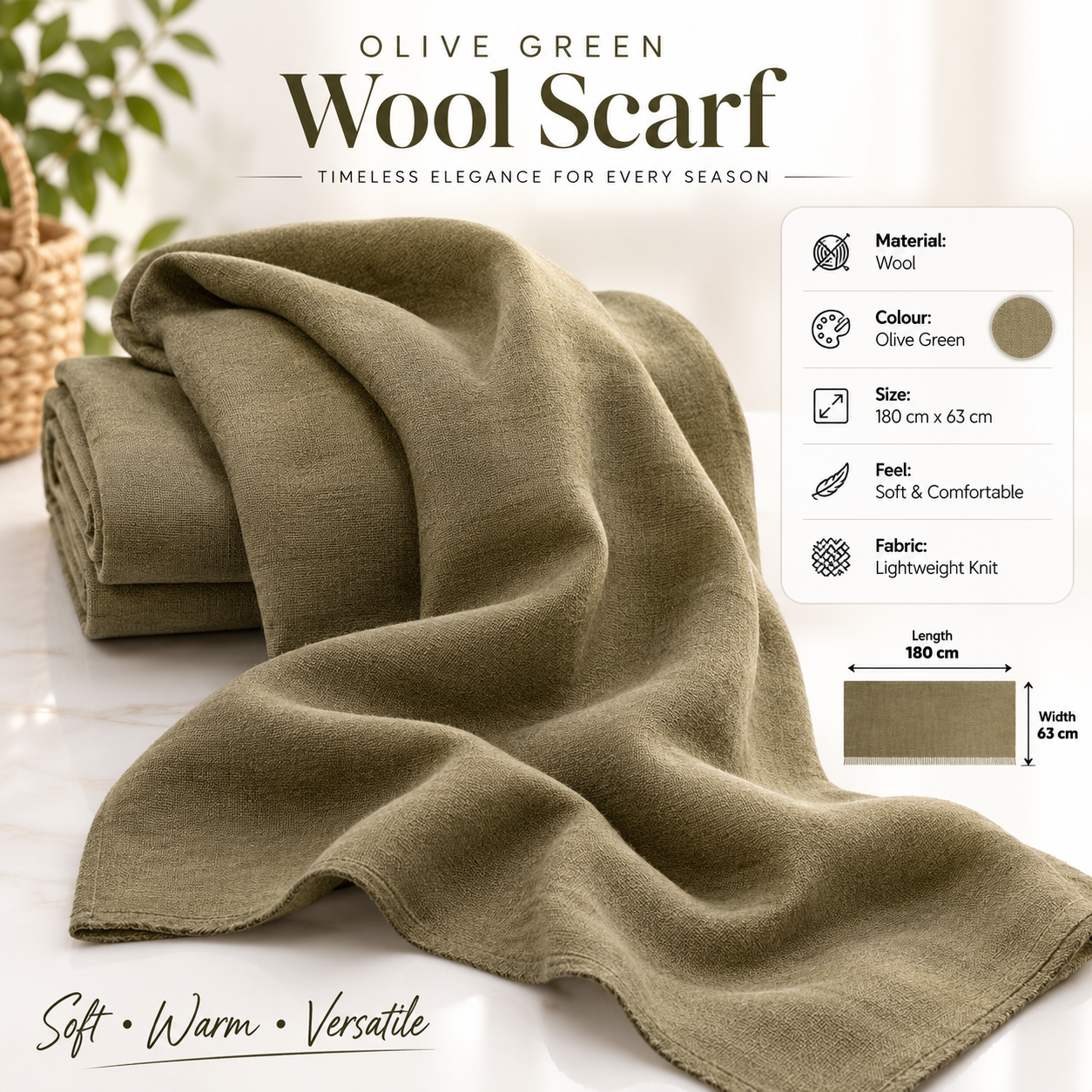 Olive Green Wool Scarf Soft Warm Lightweight Knit Shawl Wrap 180cm x 63cm 1 Olive Green Wool Scarf Soft Warm Lightweight Knit Shawl Wrap 180cm x 63cm