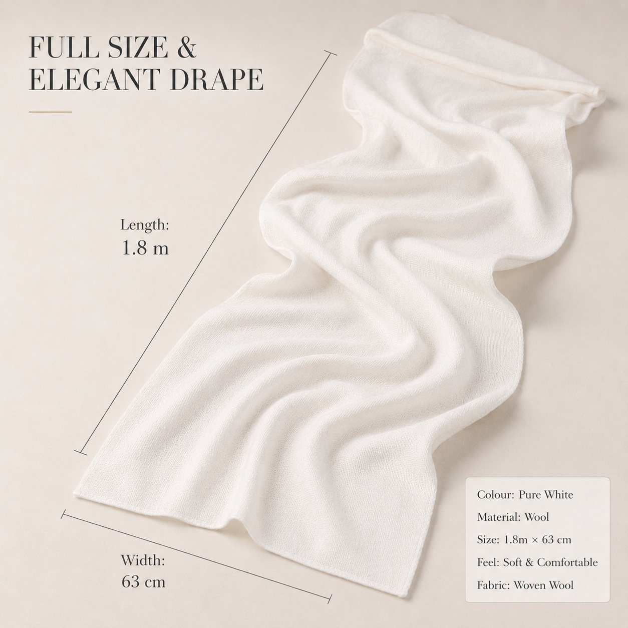 Pure White Wool Scarf Soft Warm Woven Winter Shawl Wrap 1.8m x 63cm 4 Pure White Wool Scarf Soft Warm Woven Winter Shawl Wrap 1.8m x 63cm - Image 4