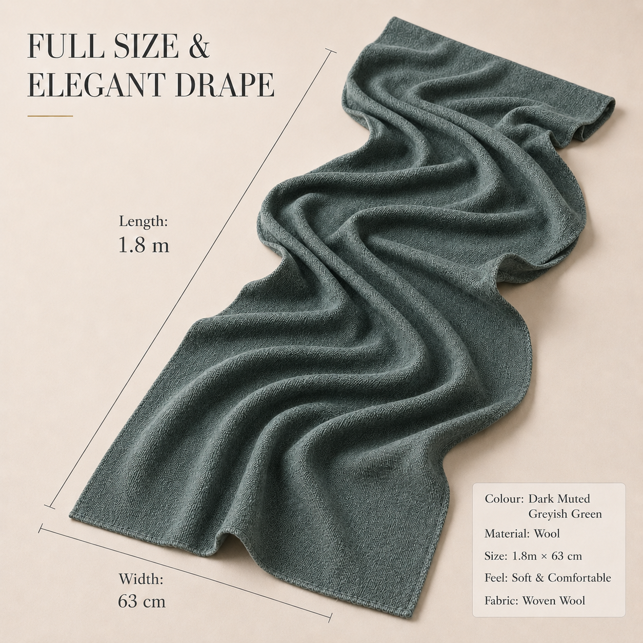 Greyish Green Wool Scarf Soft Winter Warm Sage Olive Shawl Wrap 1.8m x 63cm 4 Greyish Green Wool Scarf Soft Winter Warm Sage Olive Shawl Wrap 1.8m x 63cm - Image 4