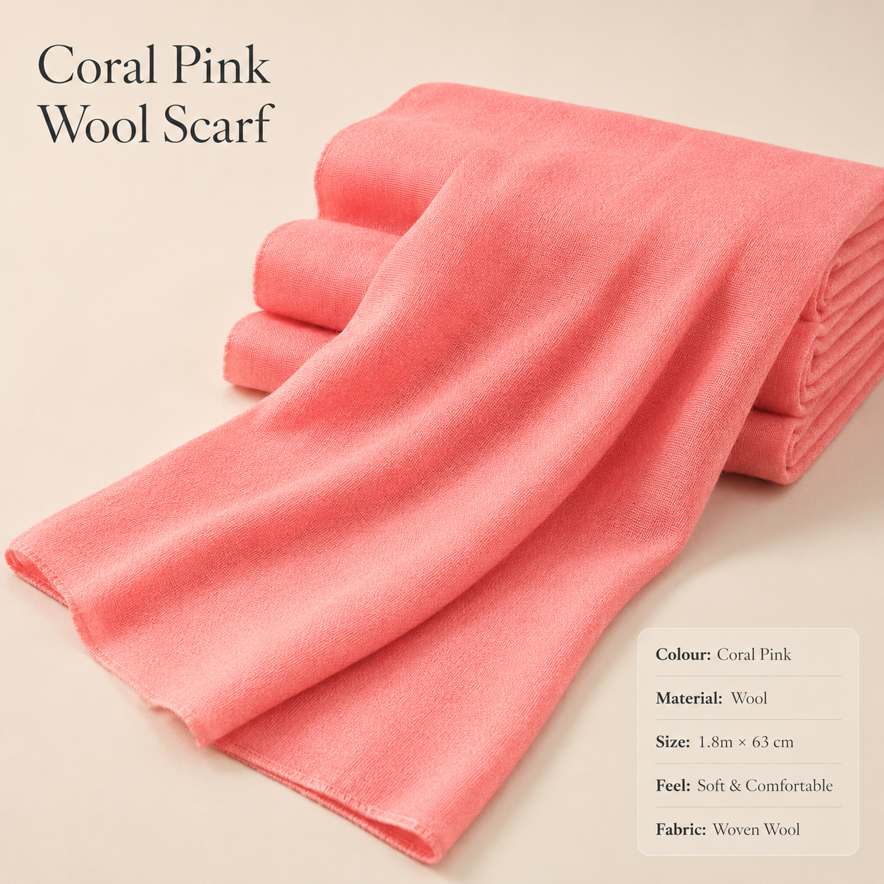 Coral Pink Wool Scarf Soft Winter Warm Stitched Hem Shawl Wrap 1.8m x 63cm 1 Coral Pink Wool Scarf Soft Winter Warm Stitched Hem Shawl Wrap 1.8m x 63cm