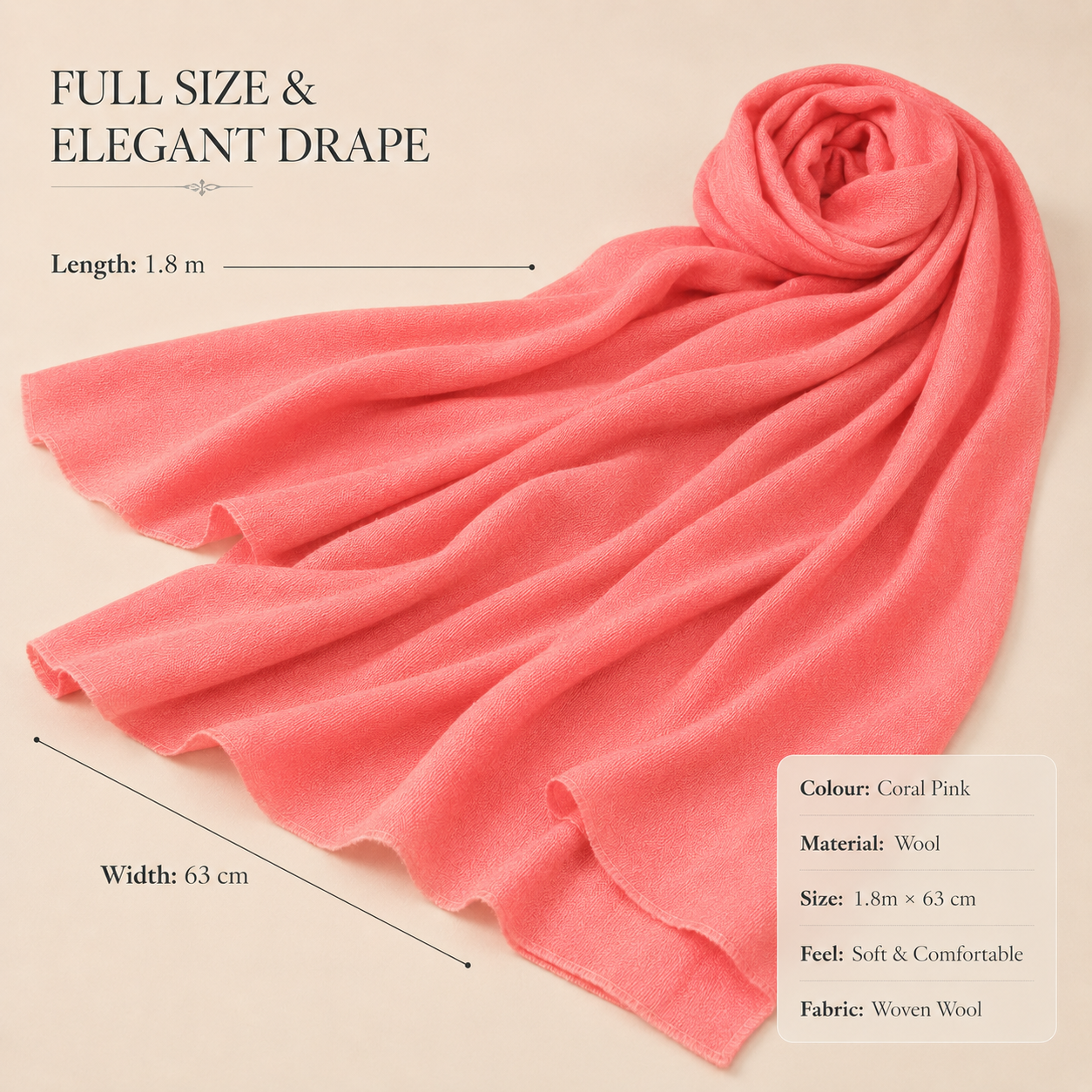 Coral Pink Wool Scarf Soft Winter Warm Stitched Hem Shawl Wrap 1.8m x 63cm 4 Coral Pink Wool Scarf Soft Winter Warm Stitched Hem Shawl Wrap 1.8m x 63cm - Image 4