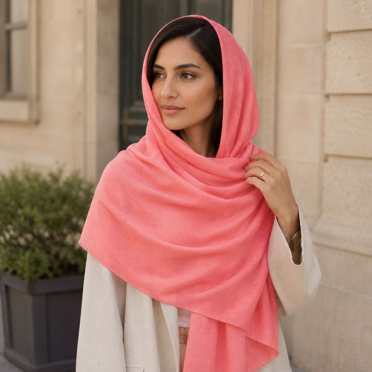 Coral Pink Wool Scarf Soft Winter Warm Stitched Hem Shawl Wrap 1.8m x 63cm 7 Coral Pink Wool Scarf Soft Winter Warm Stitched Hem Shawl Wrap 1.8m x 63cm - Image 7