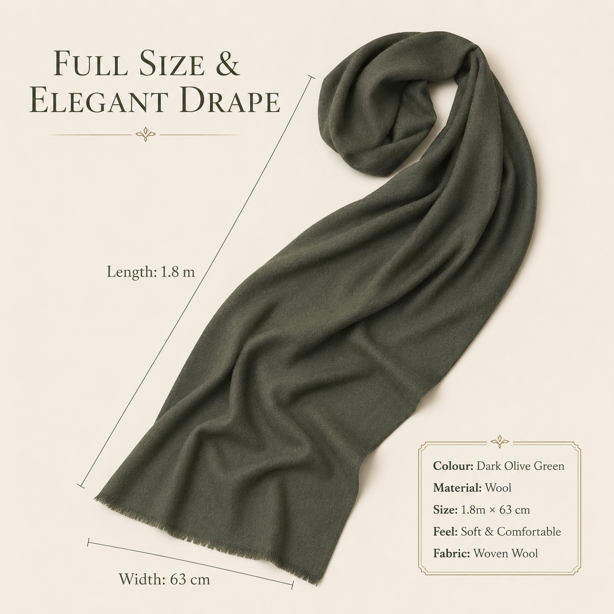 Dark Olive Green Wool Scarf Soft Warm Woven Winter Shawl Wrap 1.8m x 63cm 4 Dark Olive Green Wool Scarf Soft Warm Woven Winter Shawl Wrap 1.8m x 63cm - Image 4