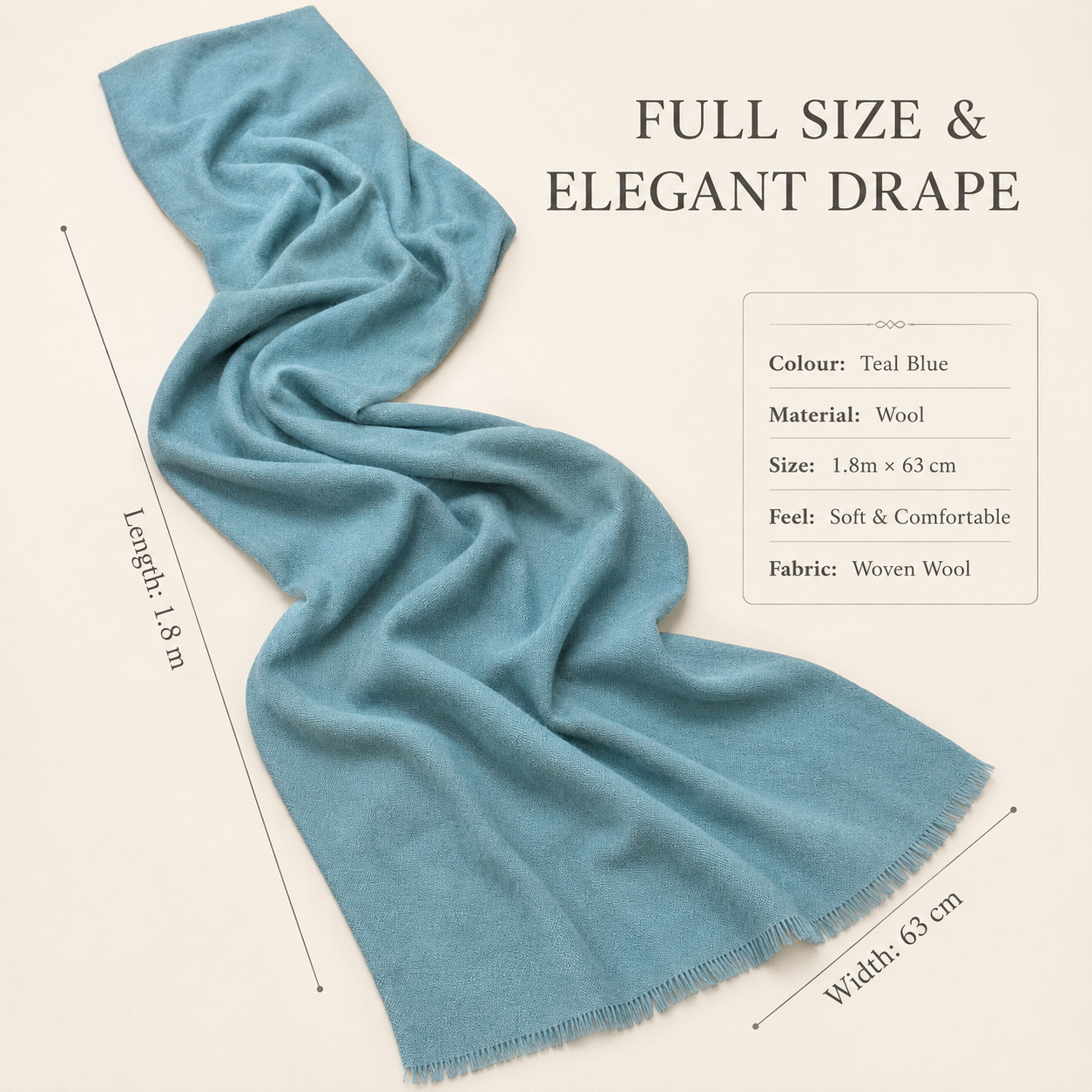 Teal Blue Wool Scarf Soft Warm Woven Winter Shawl Wrap 1.8m x 63cm 4 Teal Blue Wool Scarf Soft Warm Woven Winter Shawl Wrap 1.8m x 63cm - Image 4