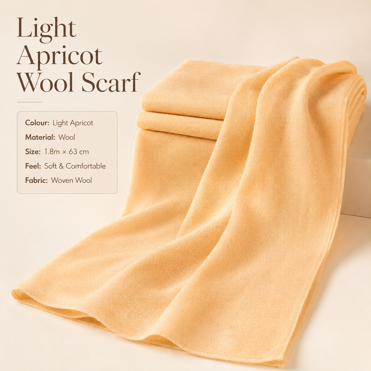 Light Apricot Wool Scarf Soft Warm Woven Winter Shawl Wrap 1.8m x 63cm 1 Light Apricot Wool Scarf Soft Warm Woven Winter Shawl Wrap 1.8m x 63cm