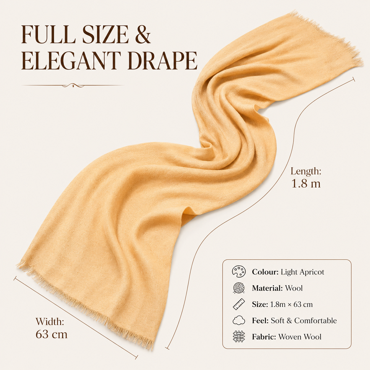 Light Apricot Wool Scarf Soft Warm Woven Winter Shawl Wrap 1.8m x 63cm 4 Light Apricot Wool Scarf Soft Warm Woven Winter Shawl Wrap 1.8m x 63cm - Image 4