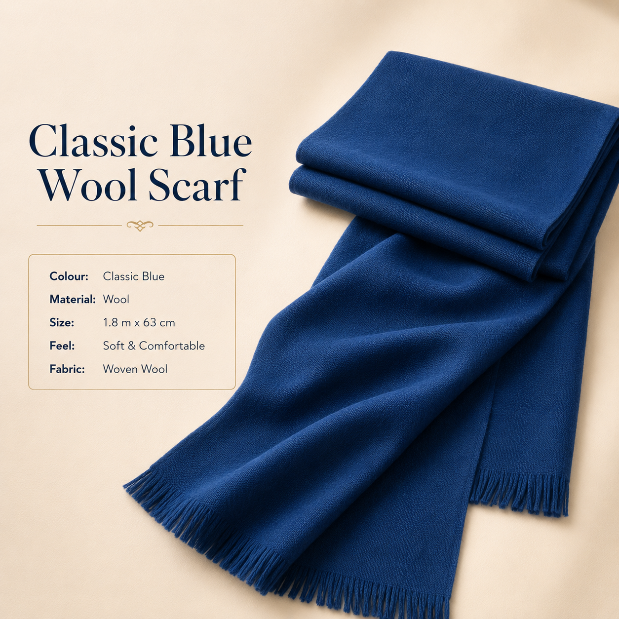 Classic Blue Wool Scarf Soft Winter Warm Fringed Shawl Wrap 1 Classic Blue Wool Scarf Soft Winter Warm Fringed Shawl Wrap