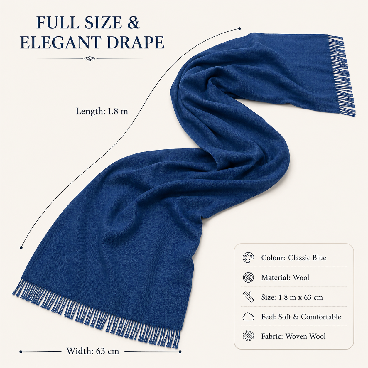 Classic Blue Wool Scarf Soft Winter Warm Fringed Shawl Wrap 4 Classic Blue Wool Scarf Soft Winter Warm Fringed Shawl Wrap - Image 4