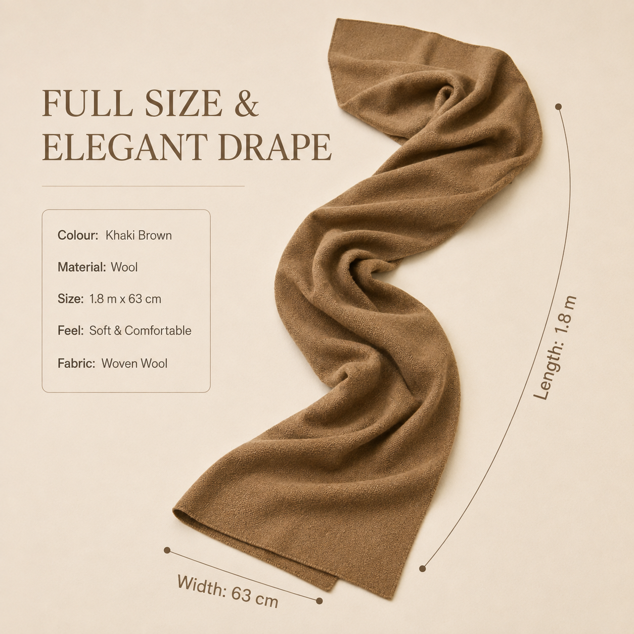 Khaki Brown Wool Scarf Soft Warm Woven Winter Shawl Wrap 1.8m x 63cm 4 Khaki Brown Wool Scarf Soft Warm Woven Winter Shawl Wrap 1.8m x 63cm - Image 4