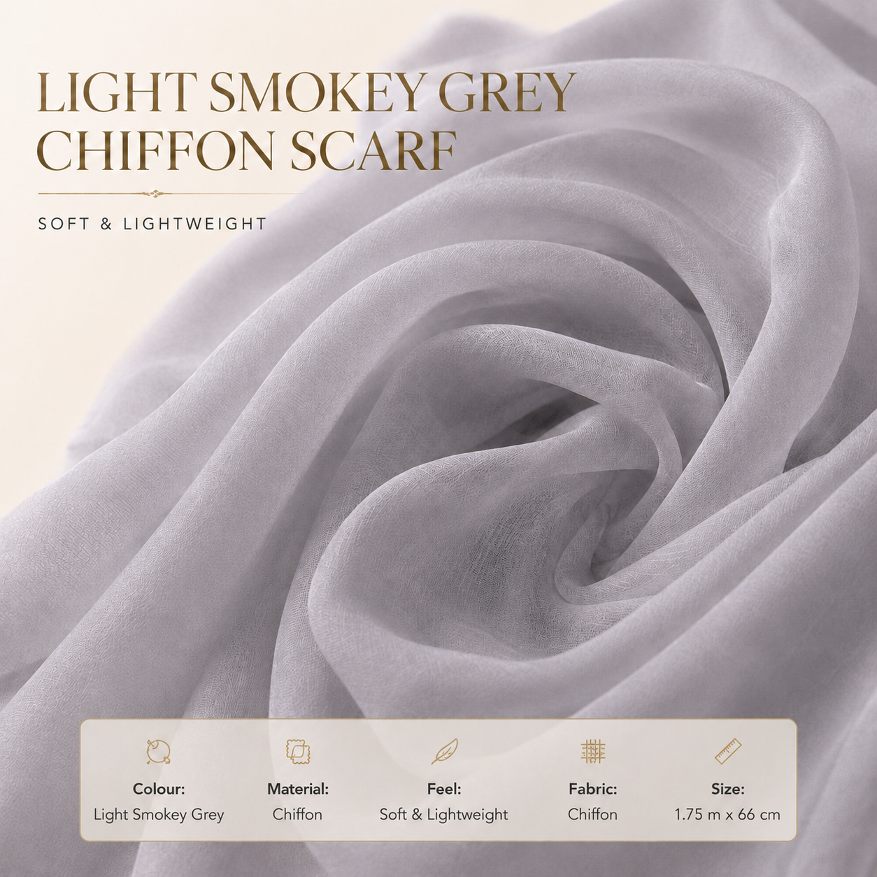 Light Smokey Grey Chiffon Scarf Women Soft Lightweight Hijab Shawl Wrap 2 Light Smokey Grey Chiffon Scarf Women Soft Lightweight Hijab Shawl Wrap - Image 2