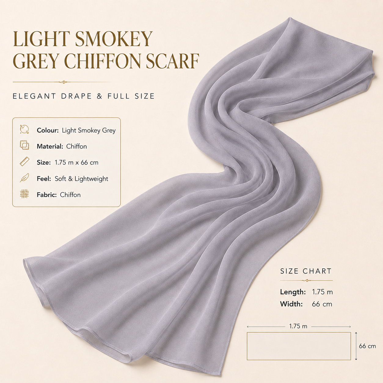 Light Smokey Grey Chiffon Scarf Women Soft Lightweight Hijab Shawl Wrap 4 Light Smokey Grey Chiffon Scarf Women Soft Lightweight Hijab Shawl Wrap - Image 4