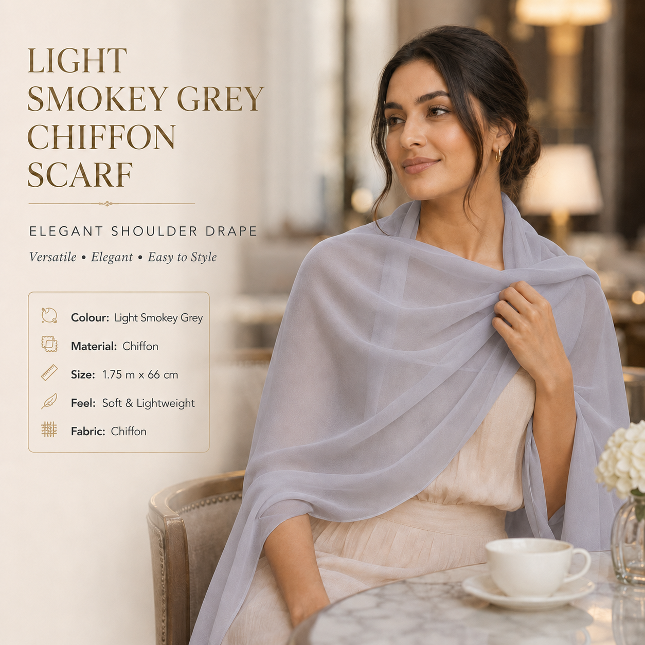 Light Smokey Grey Chiffon Scarf Women Soft Lightweight Hijab Shawl Wrap 6 Light Smokey Grey Chiffon Scarf Women Soft Lightweight Hijab Shawl Wrap - Image 6