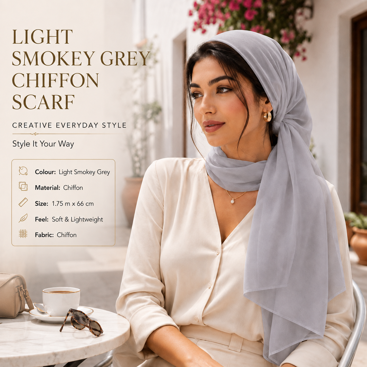 Light Smokey Grey Chiffon Scarf Women Soft Lightweight Hijab Shawl Wrap 7 Light Smokey Grey Chiffon Scarf Women Soft Lightweight Hijab Shawl Wrap - Image 7