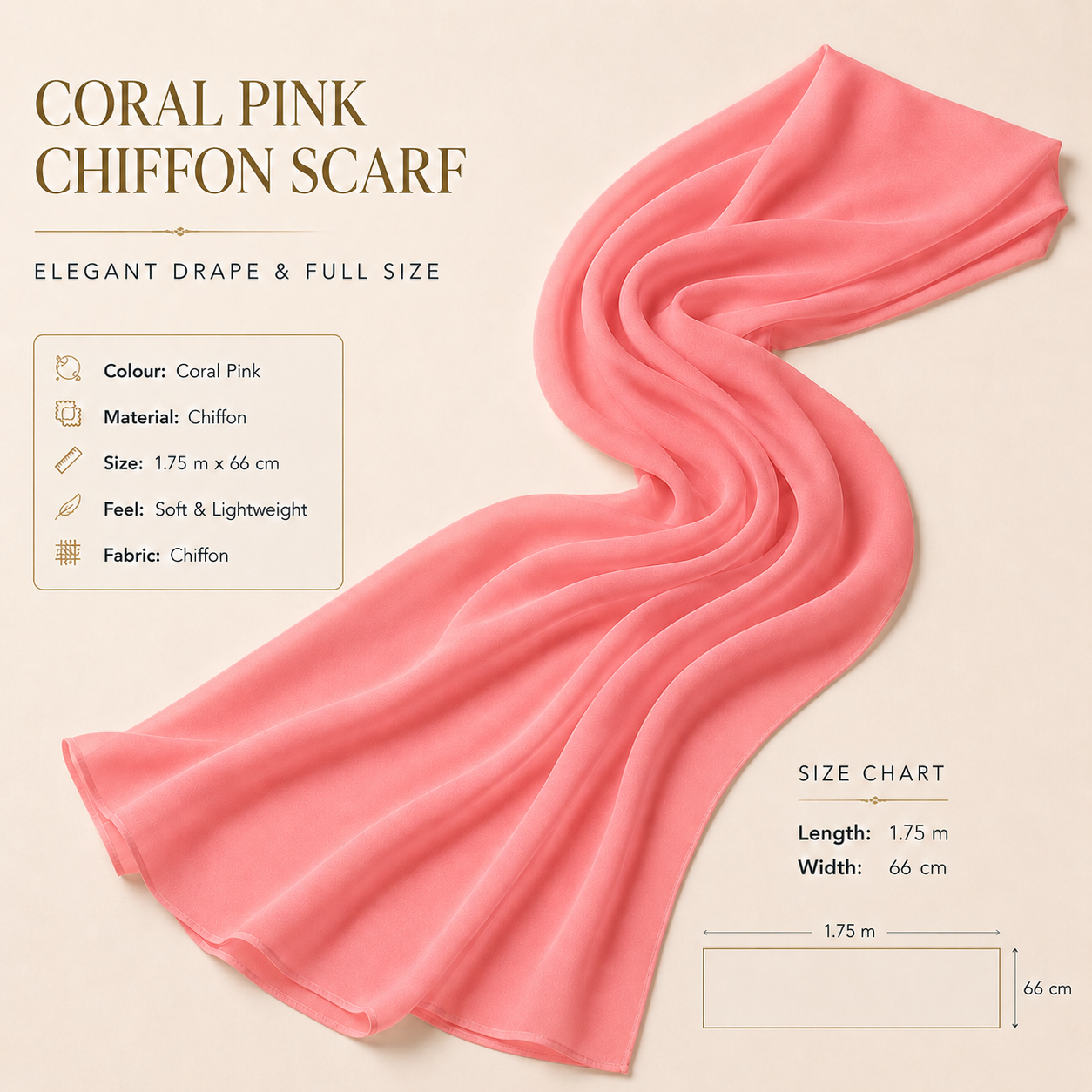 Coral Pink Chiffon Scarf Women Soft Lightweight Hijab Shawl Wrap 4 Coral Pink Chiffon Scarf Women Soft Lightweight Hijab Shawl Wrap - Image 4