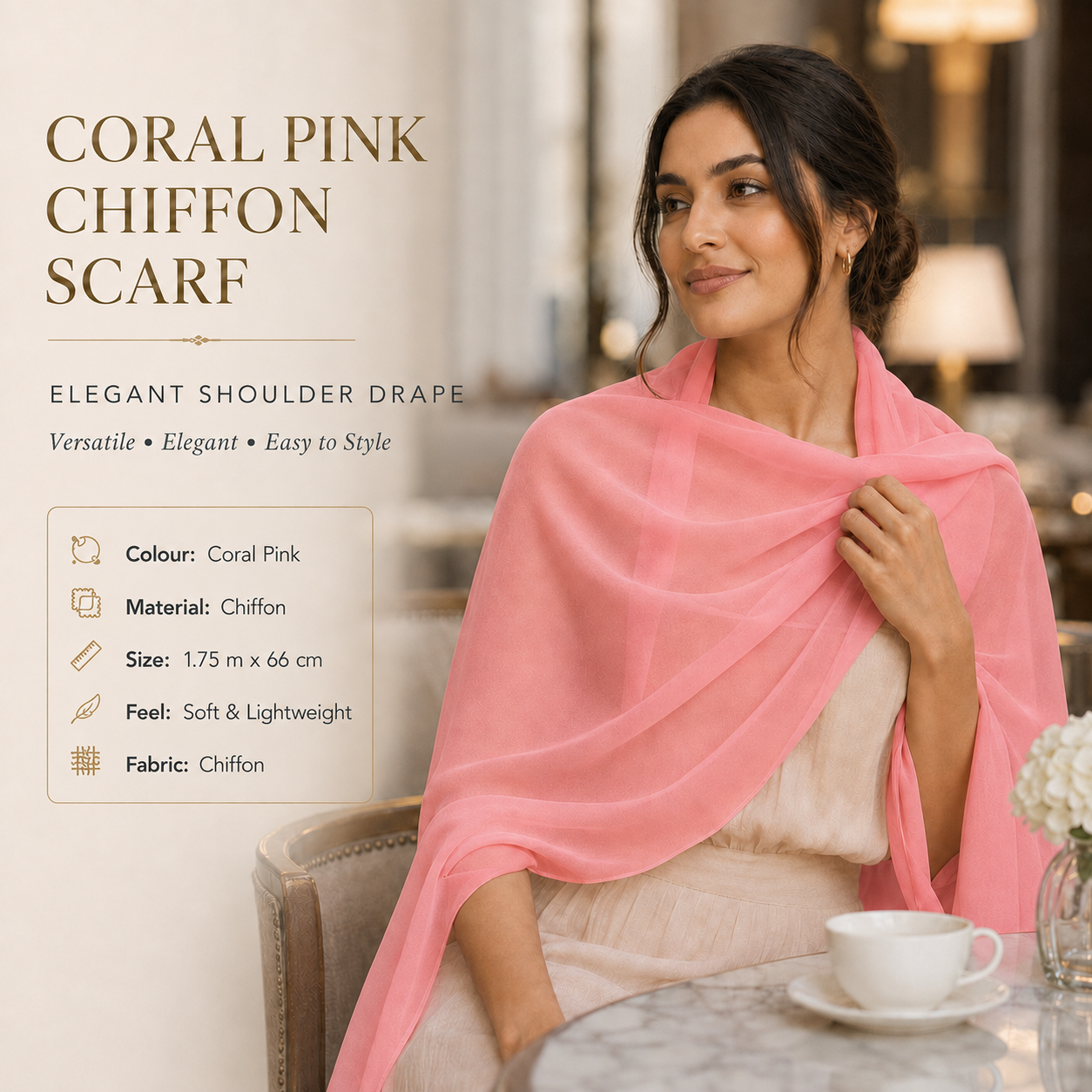 Coral Pink Chiffon Scarf Women Soft Lightweight Hijab Shawl Wrap 6 Coral Pink Chiffon Scarf Women Soft Lightweight Hijab Shawl Wrap - Image 6