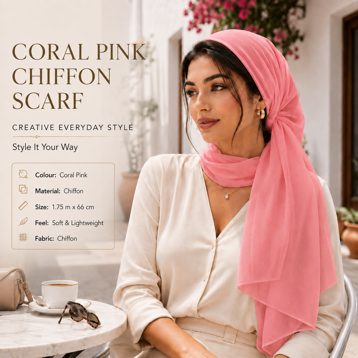 Coral Pink Chiffon Scarf Women Soft Lightweight Hijab Shawl Wrap 7 Coral Pink Chiffon Scarf Women Soft Lightweight Hijab Shawl Wrap - Image 7