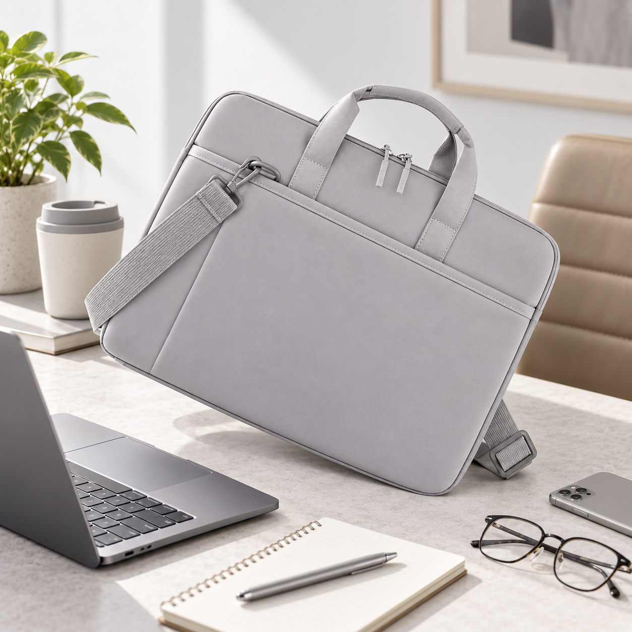 Grey Laptop Shoulder Bag 15.6 Inch Padded Briefcase Adjustable Strap Office Work 3 Grey Laptop Shoulder Bag 15.6 Inch Padded Briefcase Adjustable Strap Office Work - Image 3