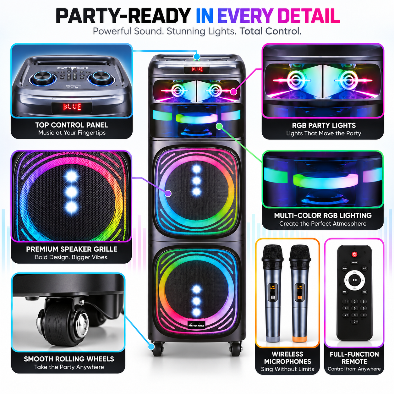 Panther Force PF145 Bluetooth Party Speaker Dual 12in 2 Wireless Mics RGB 3 Panther Force PF145 Bluetooth Party Speaker Dual 12in 2 Wireless Mics RGB - Image 3