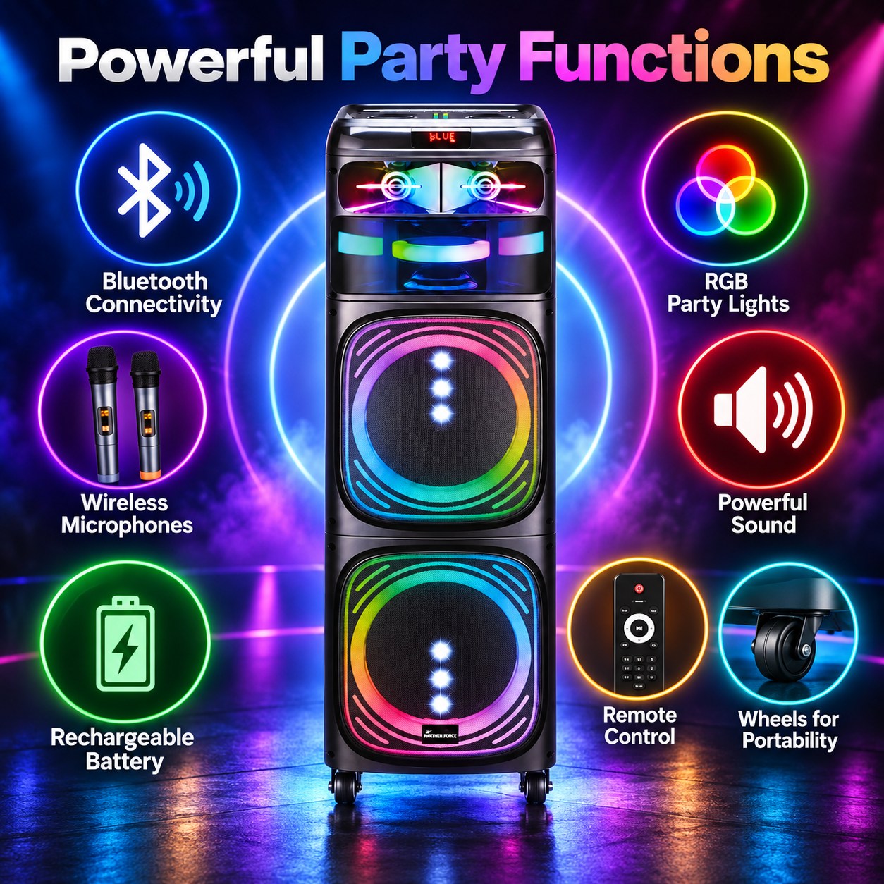 Panther Force PF145 Bluetooth Party Speaker Dual 12in 2 Wireless Mics RGB 5 Panther Force PF145 Bluetooth Party Speaker Dual 12in 2 Wireless Mics RGB - Image 5