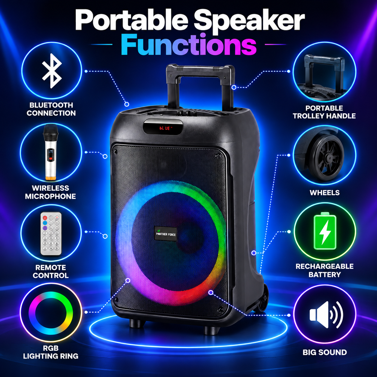 Panther Force PF146 Bluetooth Trolley Speaker Wireless Mic LED Karaoke 5 Panther Force PF146 Bluetooth Trolley Speaker Wireless Mic LED Karaoke - Image 5