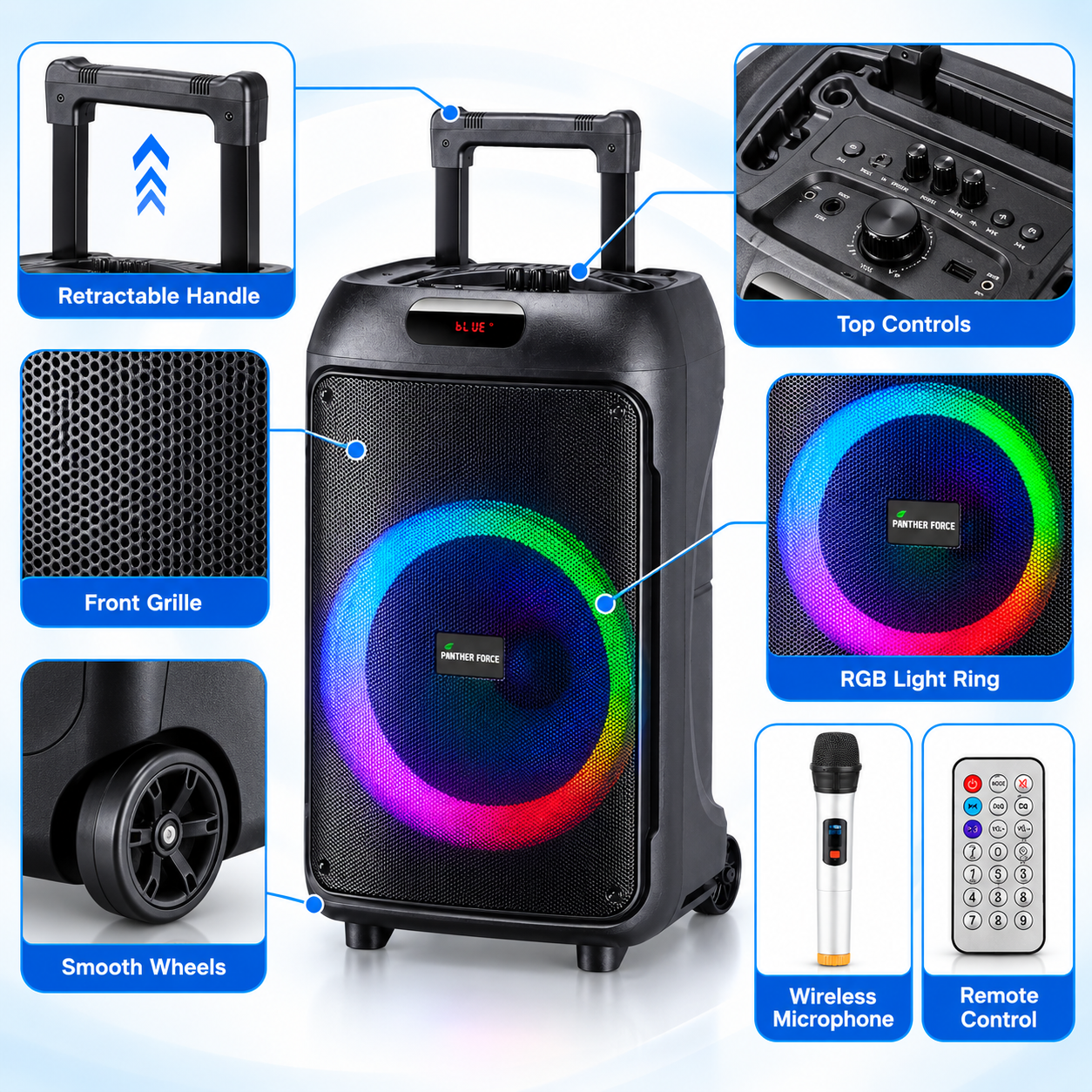 Panther Force PF146 Bluetooth Trolley Speaker Wireless Mic LED Karaoke 3 Panther Force PF146 Bluetooth Trolley Speaker Wireless Mic LED Karaoke - Image 3