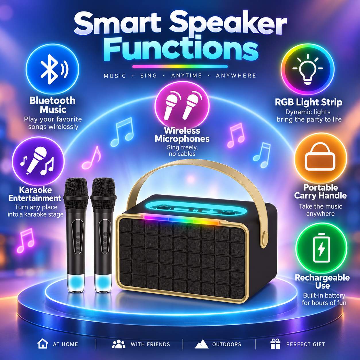 Portable Bluetooth Karaoke Speaker with 2 Microphones RGB Party Speaker 5 Portable Bluetooth Karaoke Speaker with 2 Microphones RGB Party Speaker - Image 5
