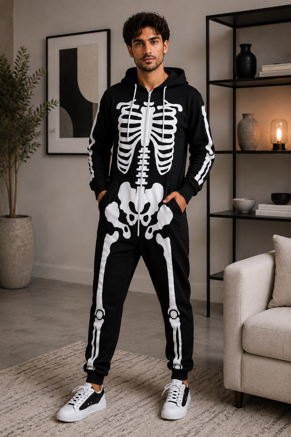 New Ladies Mens Halloween Skeleton Hooded Costume Scary Zip Up All In One unisex Jumpsuit 3 New Ladies Mens Halloween Skeleton Hooded Costume Scary Zip Up All In One unisex Jumpsuit - Image 3