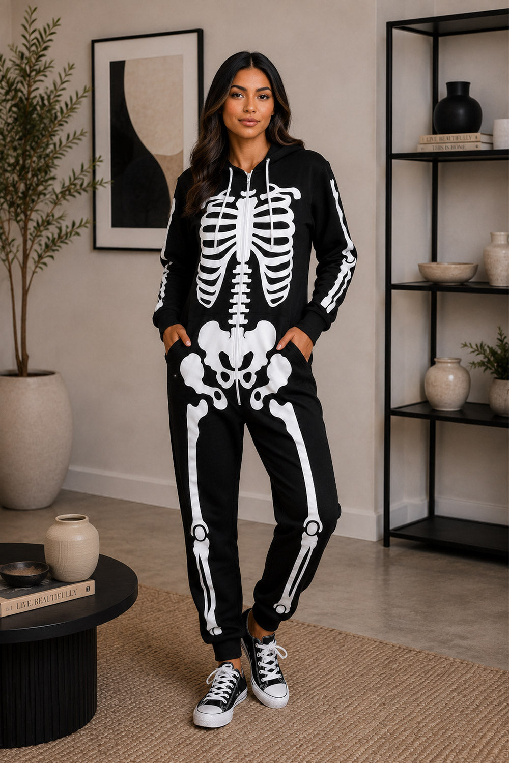 New Ladies Mens Halloween Skeleton Hooded Costume Scary Zip Up All In One unisex Jumpsuit 1 New Ladies Mens Halloween Skeleton Hooded Costume Scary Zip Up All In One unisex Jumpsuit