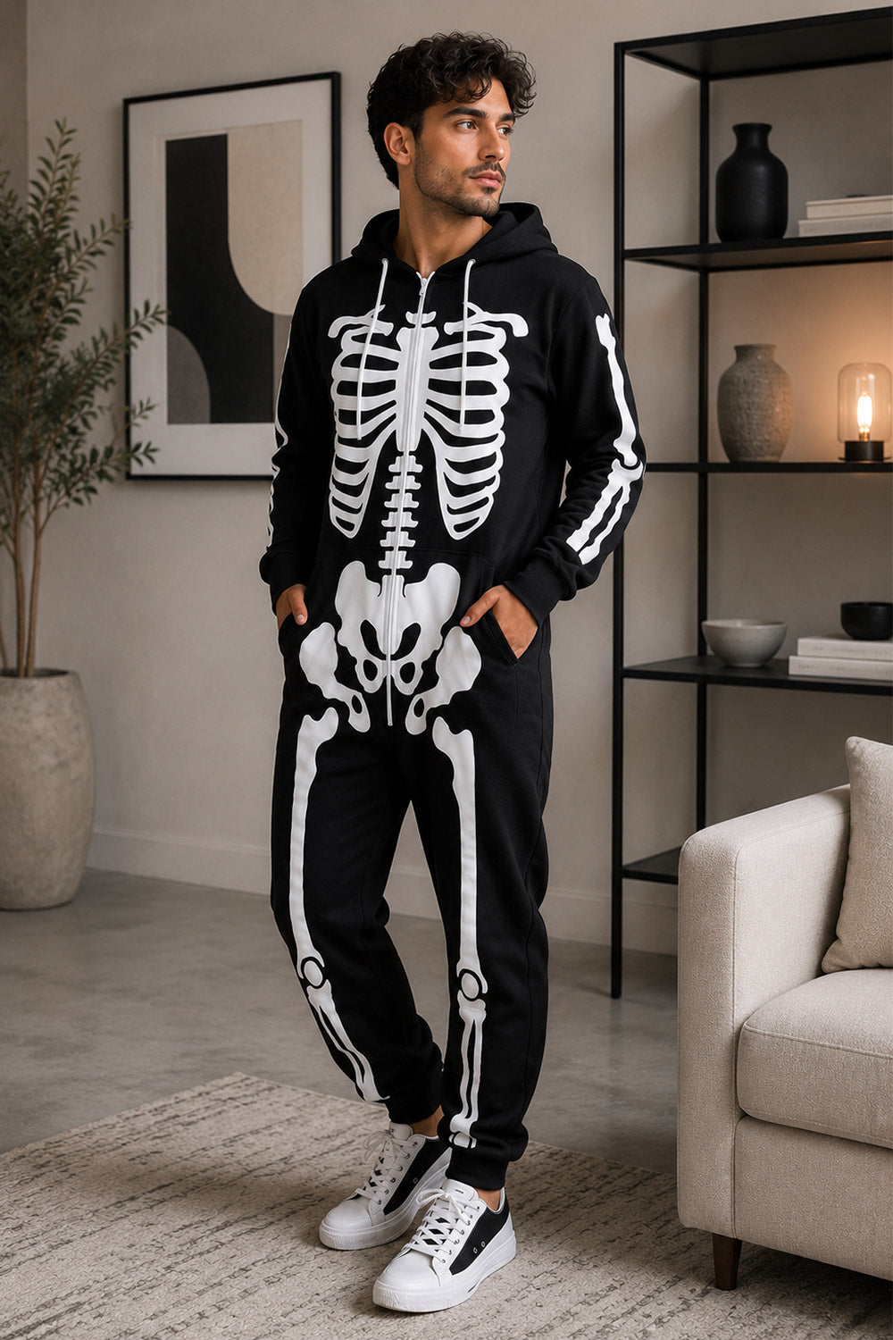 New Ladies Mens Halloween Skeleton Hooded Costume Scary Zip Up All In One unisex Jumpsuit 4 New Ladies Mens Halloween Skeleton Hooded Costume Scary Zip Up All In One unisex Jumpsuit - Image 4