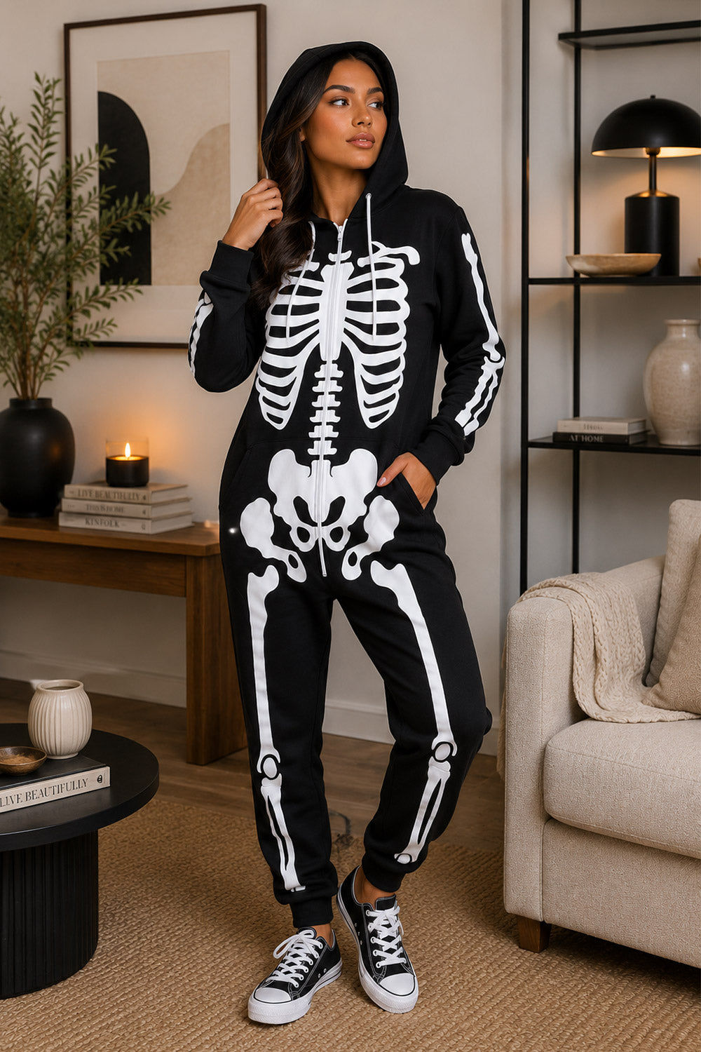 New Ladies Mens Halloween Skeleton Hooded Costume Scary Zip Up All In One unisex Jumpsuit 2 New Ladies Mens Halloween Skeleton Hooded Costume Scary Zip Up All In One unisex Jumpsuit - Image 2