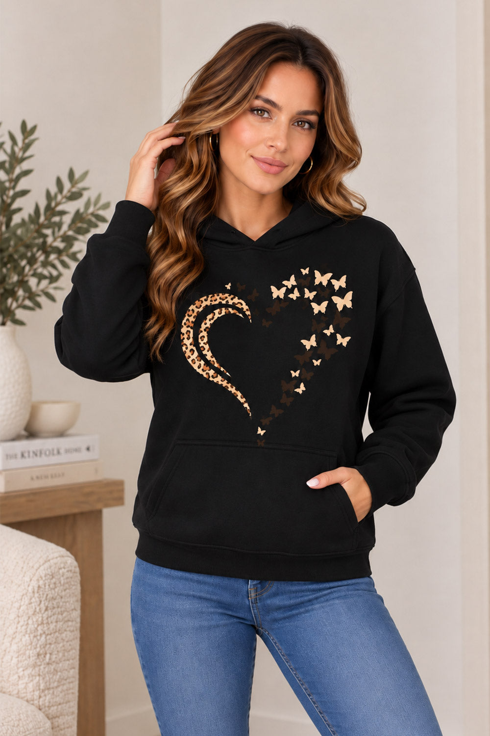 Ladies Leopard Heart Butterfly Print Oversize Hoodie Sweatshirt 3 Ladies Leopard Heart Butterfly Print Oversize Hoodie Sweatshirt - Image 3